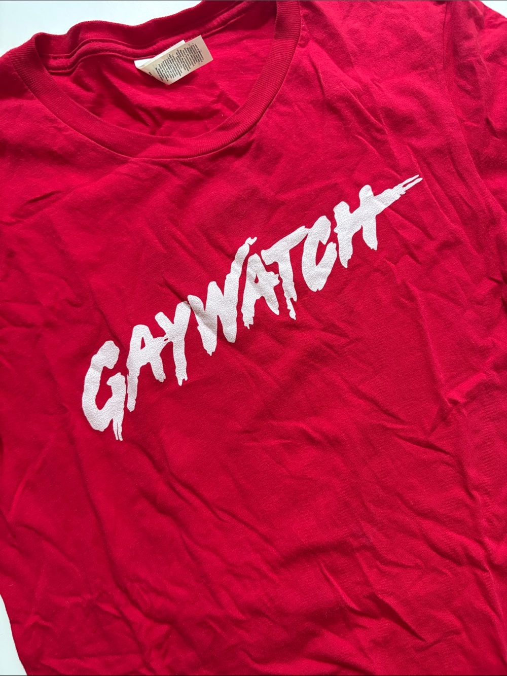 Fruit of the Loom Red Tee with White 'GAYWATCH' Script